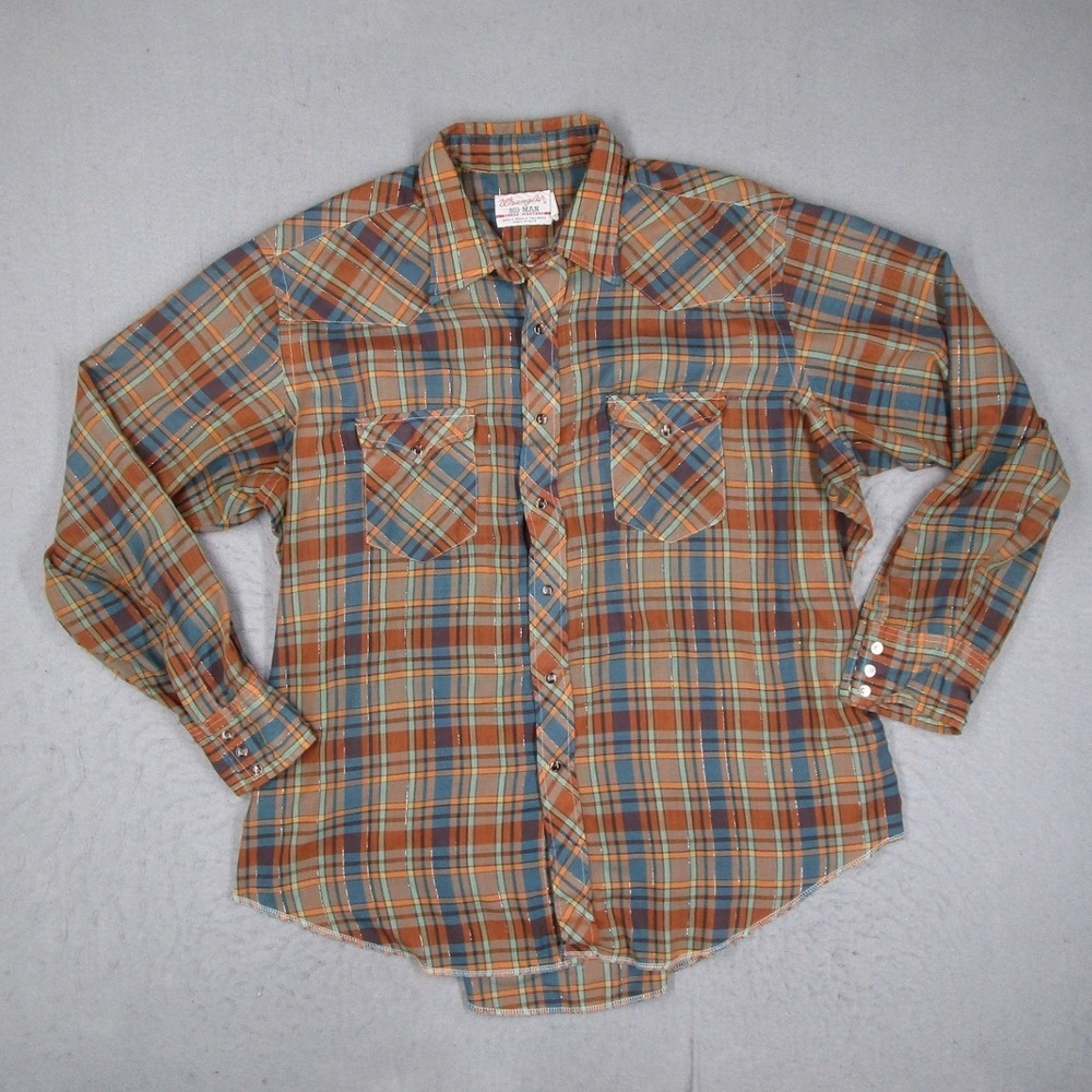 Vintage Wrangler Big Man Western Shirt Plaid Metallic Snap Button L2086AA USA 18